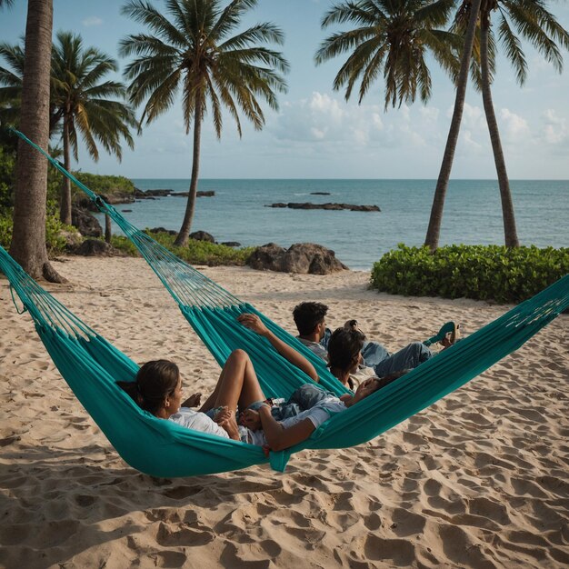 two people relaxing in a hammock on a beach