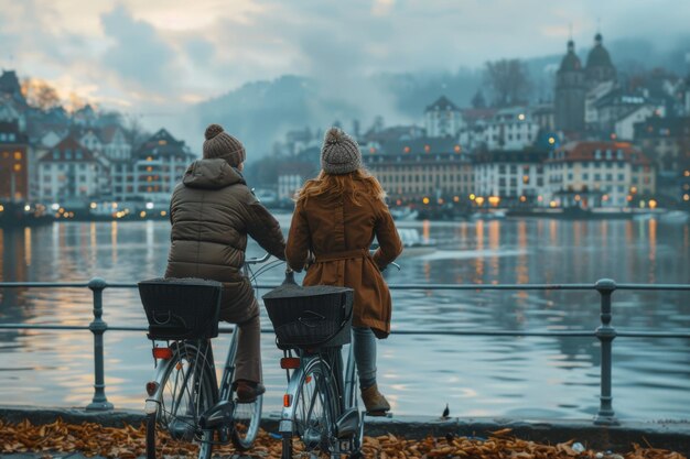 Two People Riding Bikes Along Water