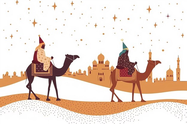 two people riding camels in a desert