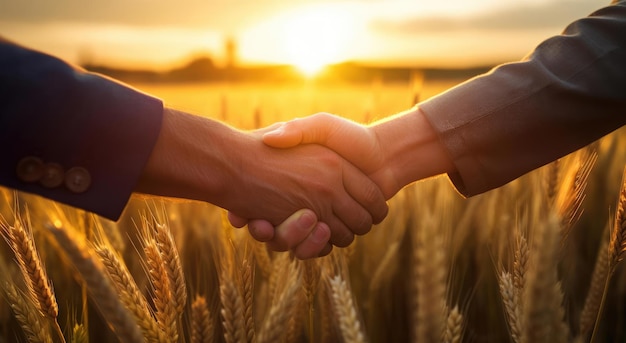 Two people shake hands against the background of a field of grain