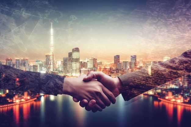 Two people shaking hands over a city skyline