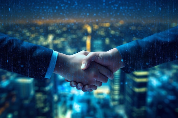 Two people shaking hands in front of a cityscape