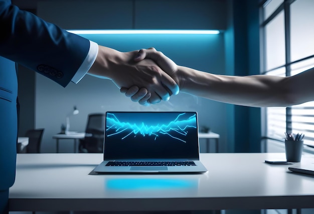 two people shaking hands over a laptop with the word power on the screen