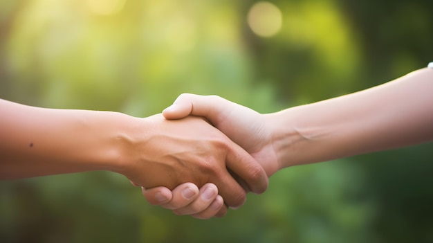 Two people shaking hands, one of which is the word love.