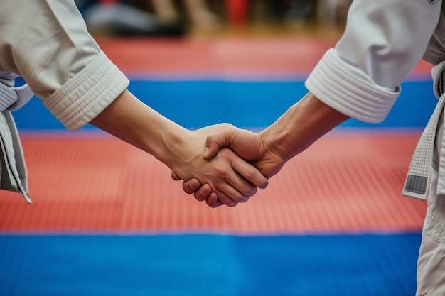 Photo two people shaking hands on tatami mats before starting a sparring session