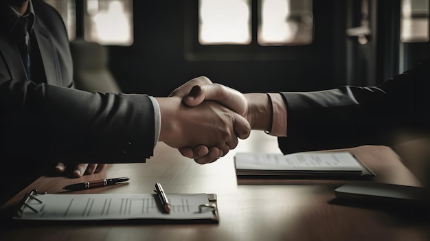 Two people shaking hands with a document on the table