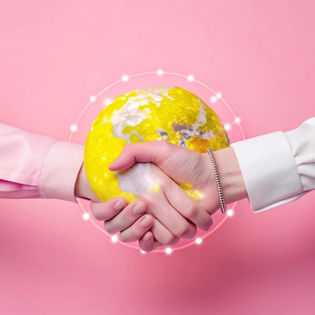 Photo two people shaking hands with a globe on a pink background