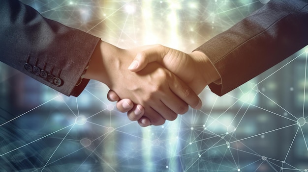 Two people shaking hands with a network background