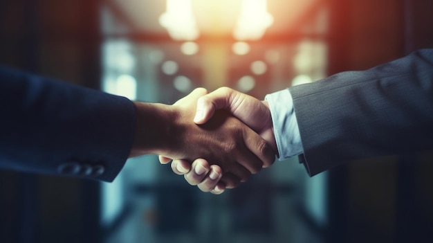 Two people shaking hands with one wearing a suit and the other wearing a suit.