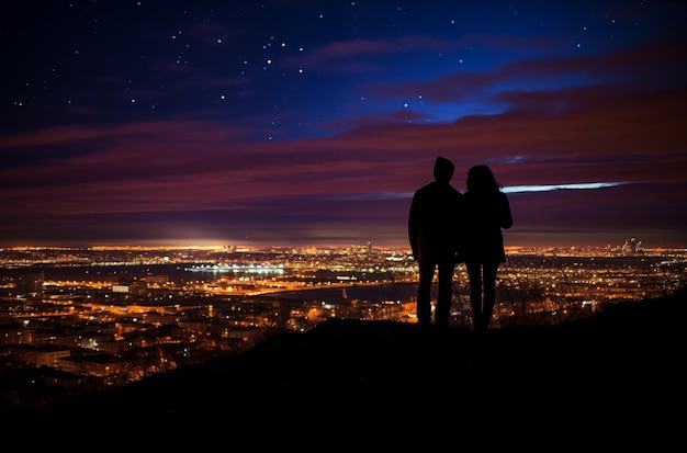 Two people silhouetted against a cityscape at night gazing at the stars and city lights