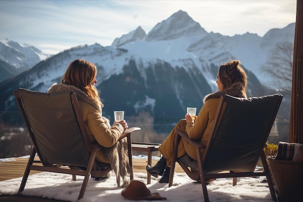 Photo two people sit in chairs with mountains in the background