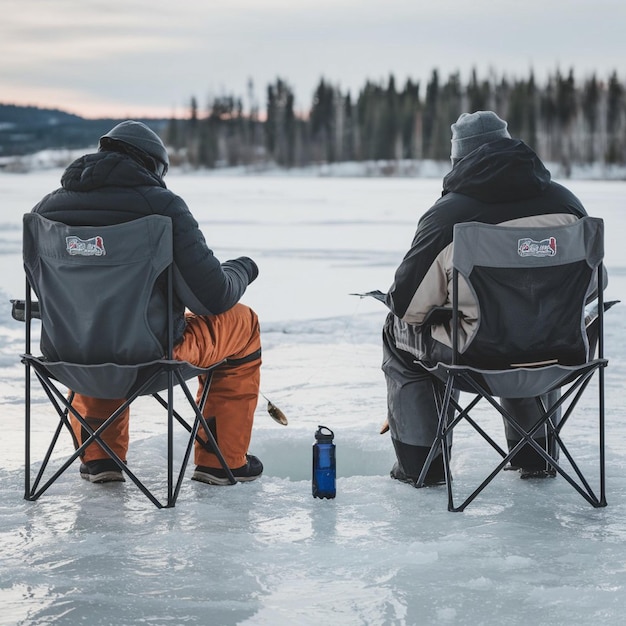 Photo two people sit in chairs with a water bottle in the foreground