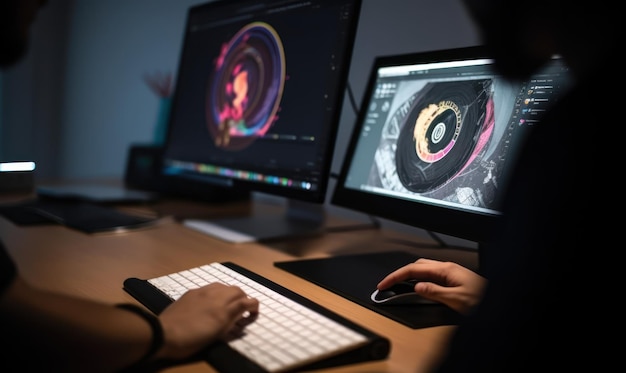 Two people sit at a desk, one of them is using a computer screen that says'digital art'on it.