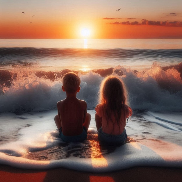 two people sit in the water and look at the sunset