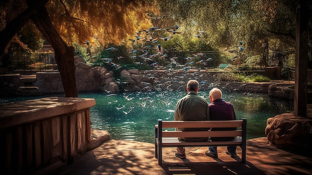 Two people sitting on a bench in front of a pond with a blue sky and the word