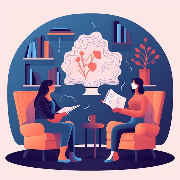 two people sitting in chairs reading books and drinking coffee generative ai