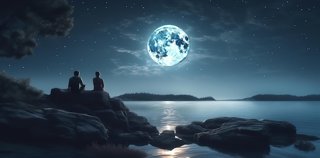 Two people sitting on a rock by the sea watching the moon