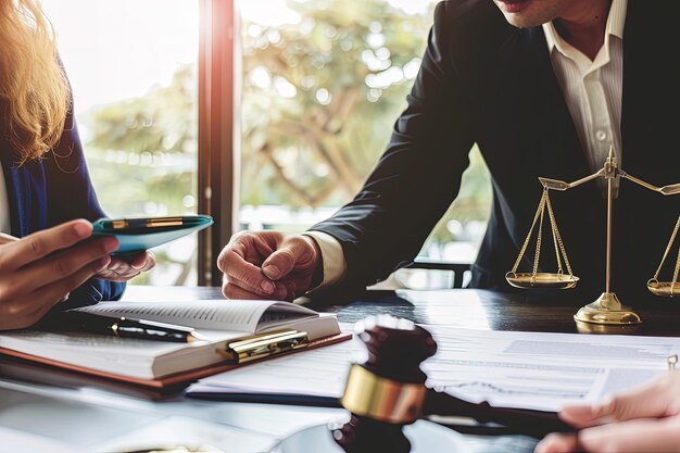 Two people sitting at a table in front of a scale of justice