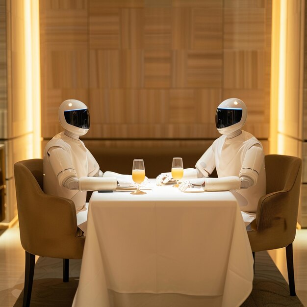 Photo two people sitting at a table with a white tablecloth