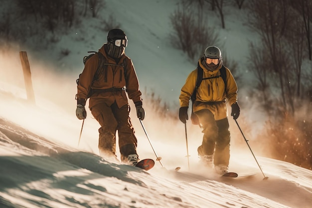 Two people skiing down a hill with the snow on their skis