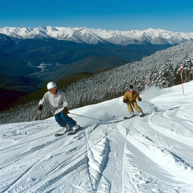 Two people skiing down a snowy mountain with pine trees