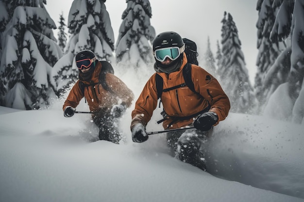 Two people skiing in the snow with ski poles and ski poles