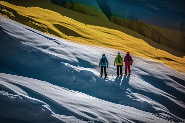 Two people on skis stand on a snowy mountain.