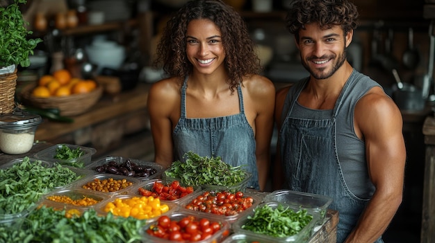 two people smiling at a table with vegetables and fruits