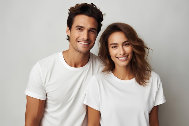 Two people smiling with white shirts