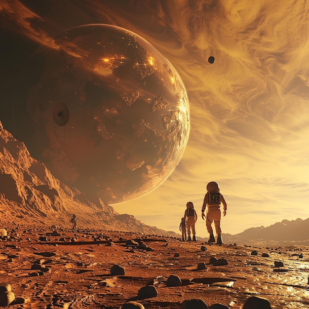 two people stand on a beach with a large planet in the background