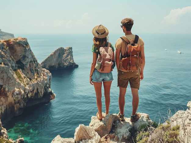 Photo two people stand on a cliff overlooking the ocean