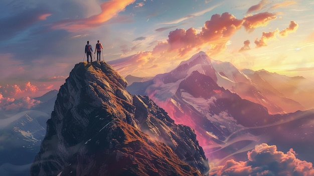 two people stand on a mountain top with mountains in the background