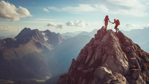 two people stand on a mountain top with the words  trek  on the top