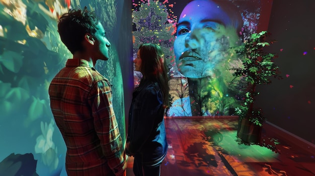 Photo two people stand in a room with a projection of a forest and a womans face on the wall