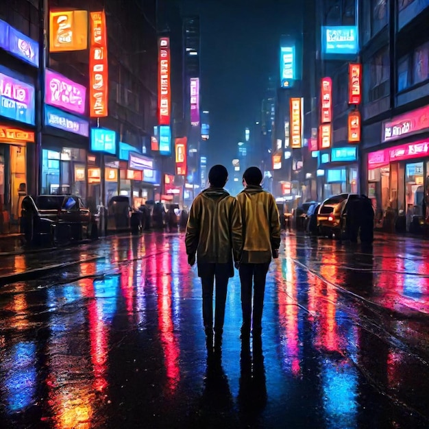 two people stand on a wet street with neon signs in the background