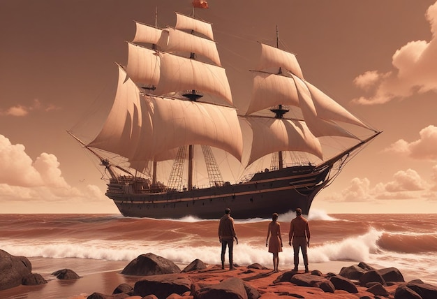 two people standing on a beach with a ship in the background