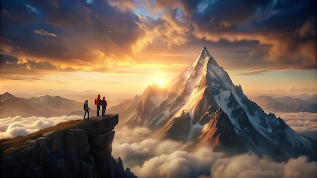 two people standing on a cliff above the clouds