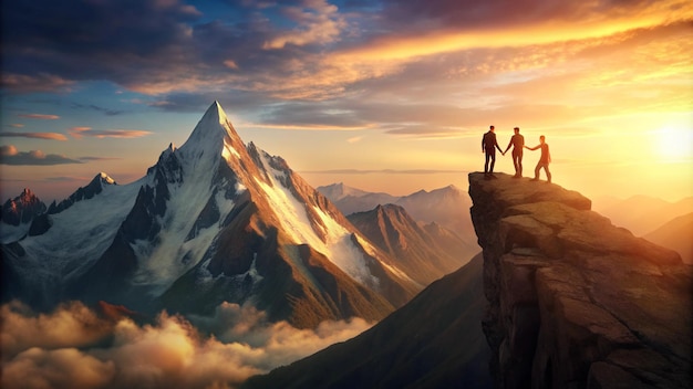 two people standing on a cliff with mountains in the background