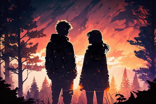 Photo two people standing in a forest with the sunset behind them