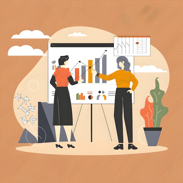 two people standing in front of a whiteboard with graphs on it marketing illustration simple and c