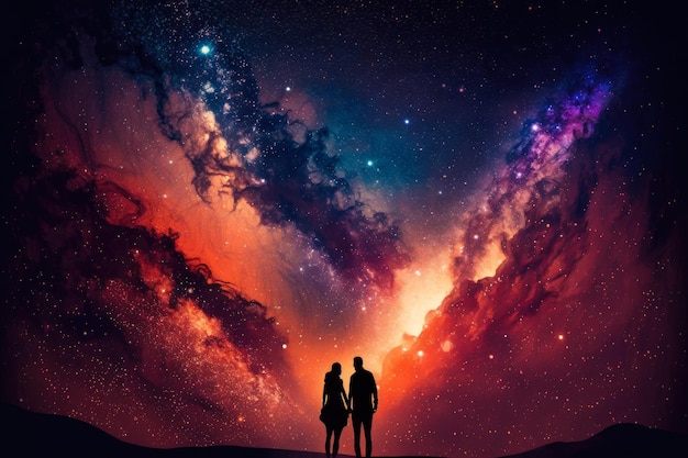 Two people standing on hill looking at the stars Generative AI