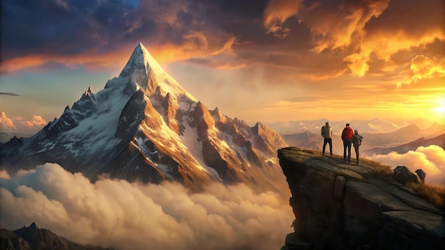 two people standing on a ledge with a mountain in the background