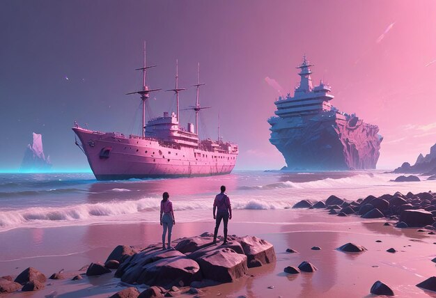 two people standing on a rock with a ship in the background