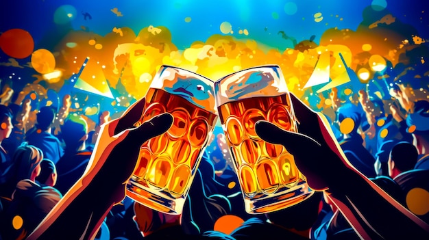 Two people toasting with beer glasses in front of crowd of people