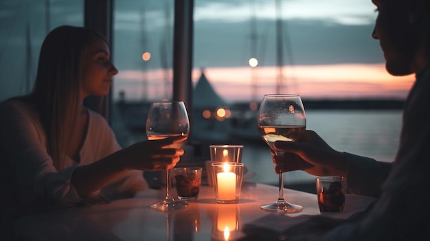 Two people toasting with wine glasses at a restaurant