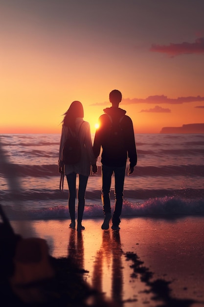 Two people walking on a beach at sunset generative ai