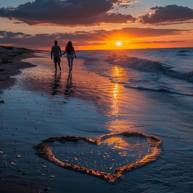 two people walking on a beach with a heart in the sand