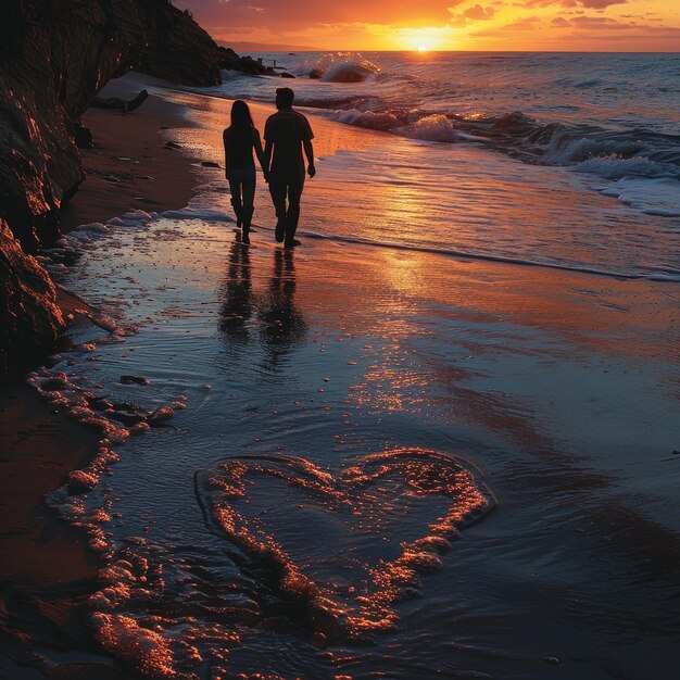 Photo two people walking on a beach with a heart in the sand