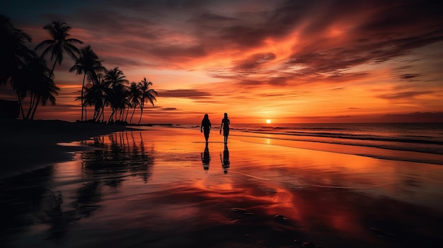 Two people walking on a beach with palm trees in the background