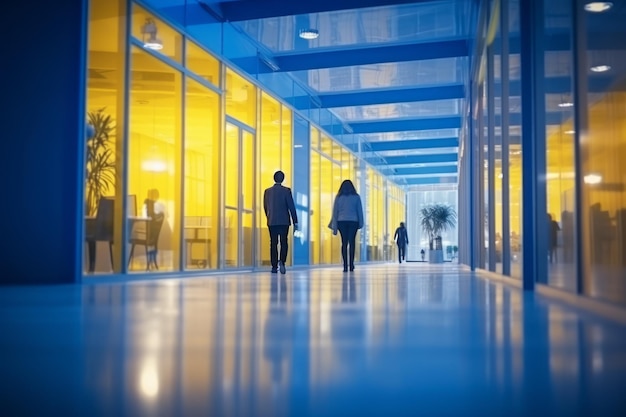 Two people walking down a hallway with a blue ceiling and a yellow wall.